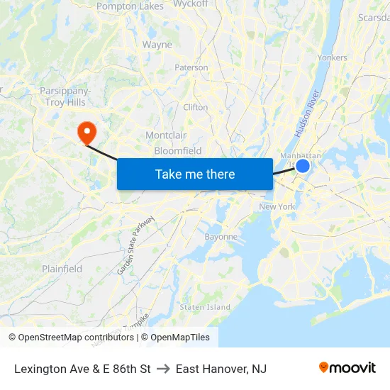 Lexington Ave & E 86th St to East Hanover, NJ map