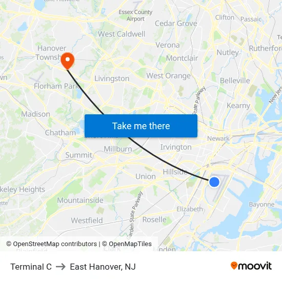 Terminal C to East Hanover, NJ map
