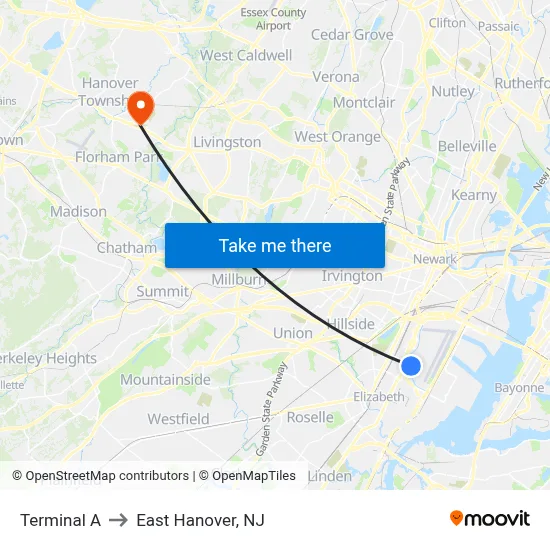 Terminal A to East Hanover, NJ map