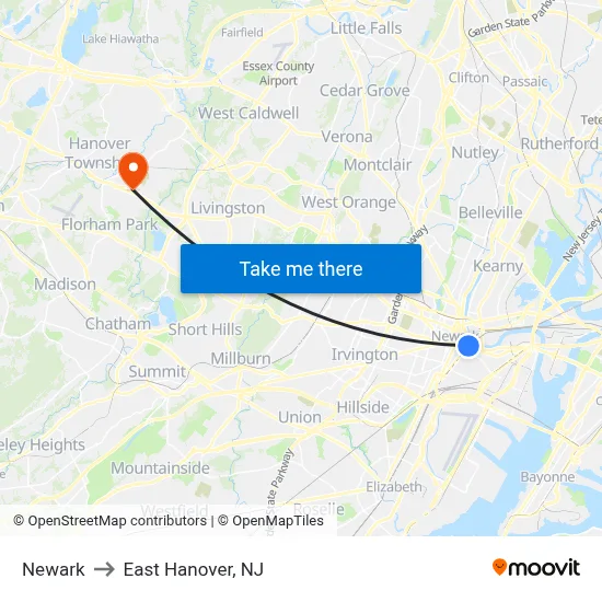 Newark to East Hanover, NJ map