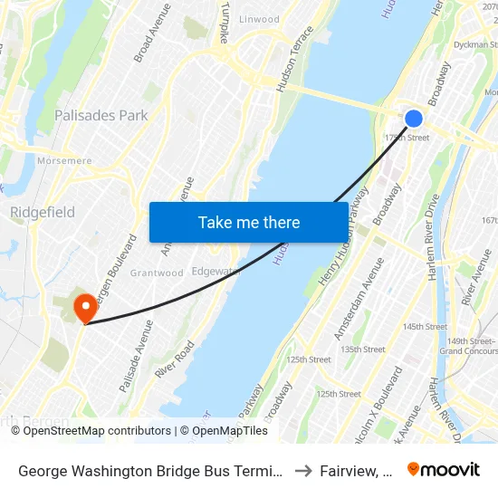 George Washington Bridge Bus Terminal to Fairview, NJ map