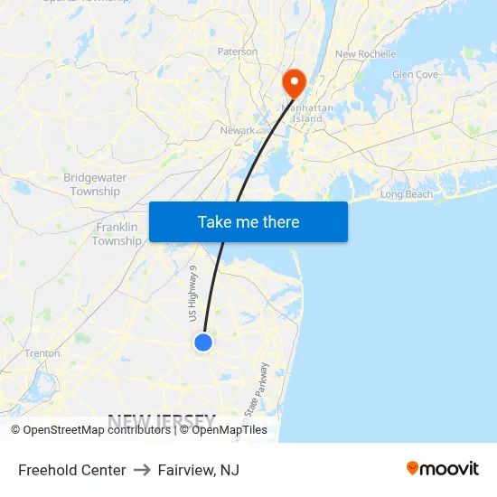 Freehold Center to Fairview, NJ map