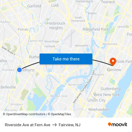 Riverside Ave at Fern Ave to Fairview, NJ map