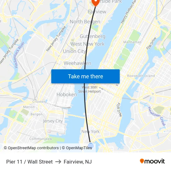 Pier 11 / Wall Street to Fairview, NJ map