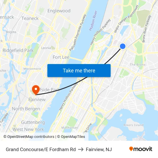 Grand Concourse/E Fordham Rd to Fairview, NJ map