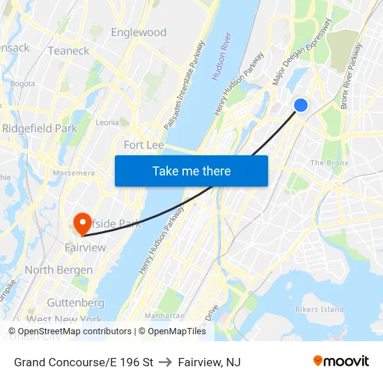 Grand Concourse/E 196 St to Fairview, NJ map