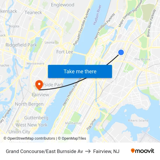 Grand Concourse/East Burnside Av to Fairview, NJ map