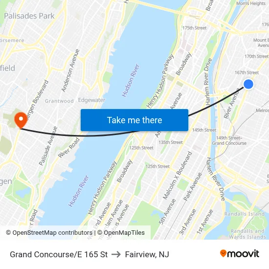 Grand Concourse/E 165 St to Fairview, NJ map