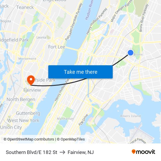 Southern Blvd/E 182 St to Fairview, NJ map