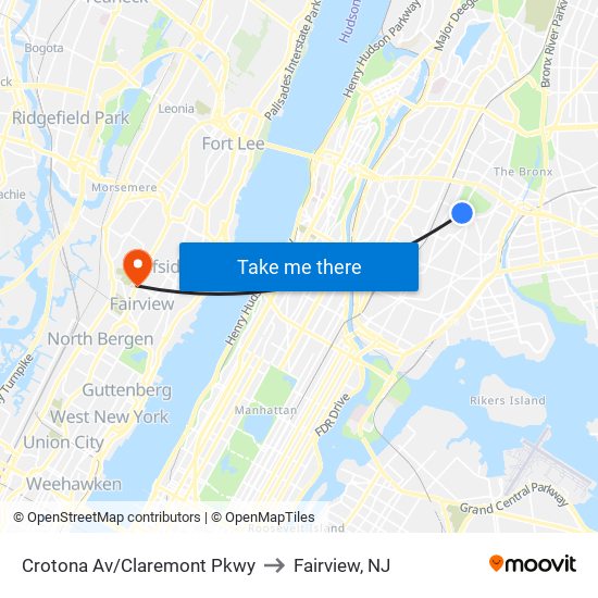 Crotona Av/Claremont Pkwy to Fairview, NJ map