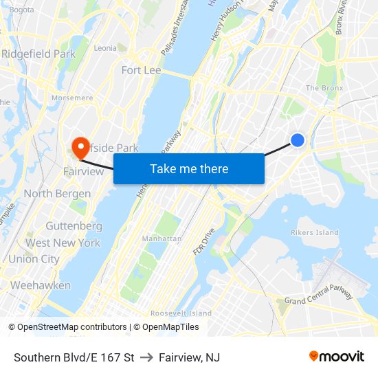 Southern Blvd/E 167 St to Fairview, NJ map