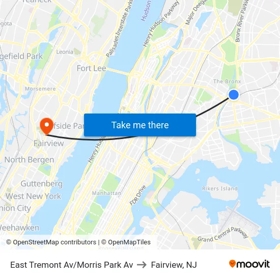 East Tremont Av/Morris Park Av to Fairview, NJ map