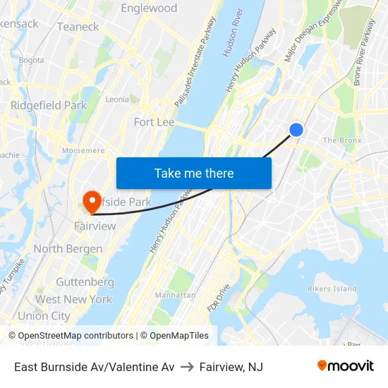 East Burnside Av/Valentine Av to Fairview, NJ map