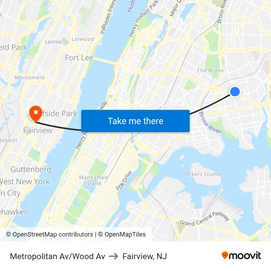 Metropolitan Av/Wood Av to Fairview, NJ map