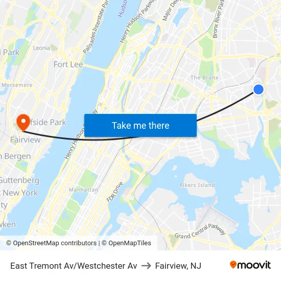 East Tremont Av/Westchester Av to Fairview, NJ map