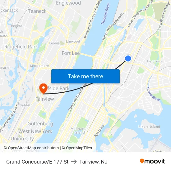 Grand Concourse/E 177 St to Fairview, NJ map