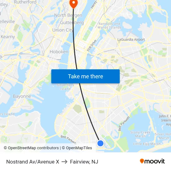 Nostrand Av/Avenue X to Fairview, NJ map
