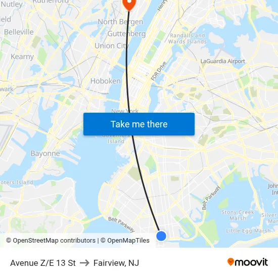 Avenue Z/E 13 St to Fairview, NJ map