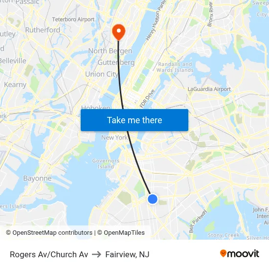 Rogers Av/Church Av to Fairview, NJ map