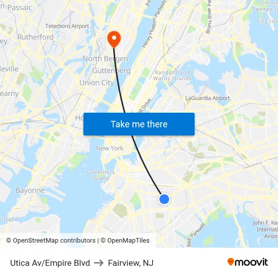 Utica Av/Empire Blvd to Fairview, NJ map