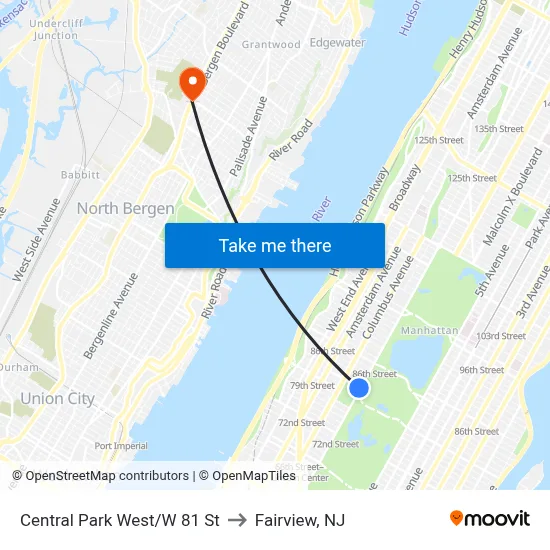 Central Park West/W 81 St to Fairview, NJ map