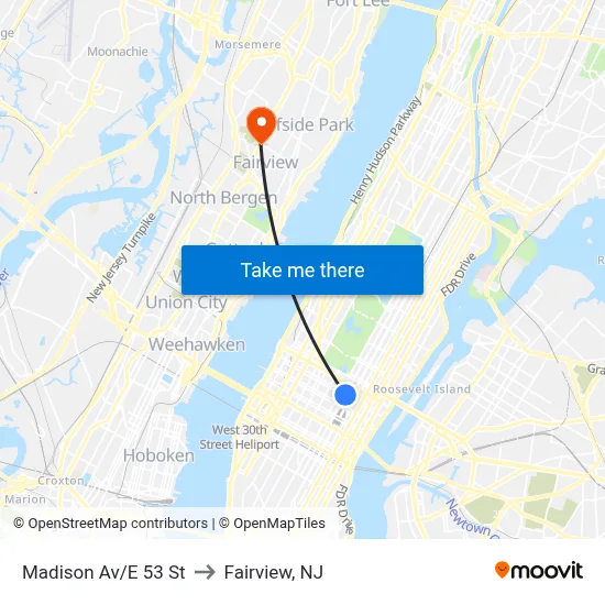 Madison Av/E 53 St to Fairview, NJ map