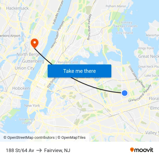 188 St/64 Av to Fairview, NJ map