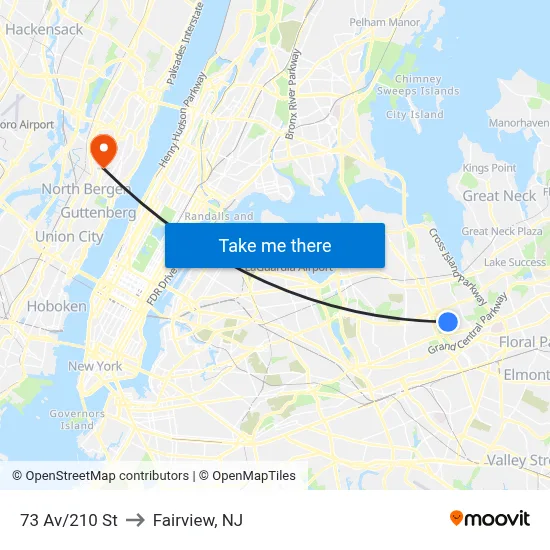 73 Av/210 St to Fairview, NJ map