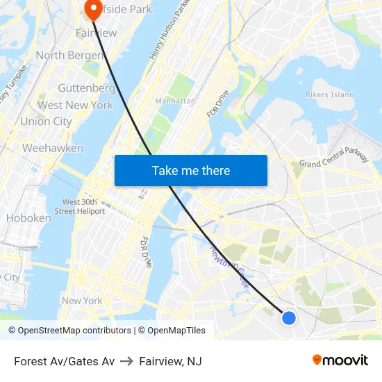 Forest Av/Gates Av to Fairview, NJ map