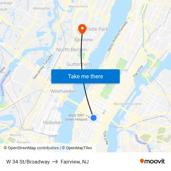 W 34 St/Broadway to Fairview, NJ map