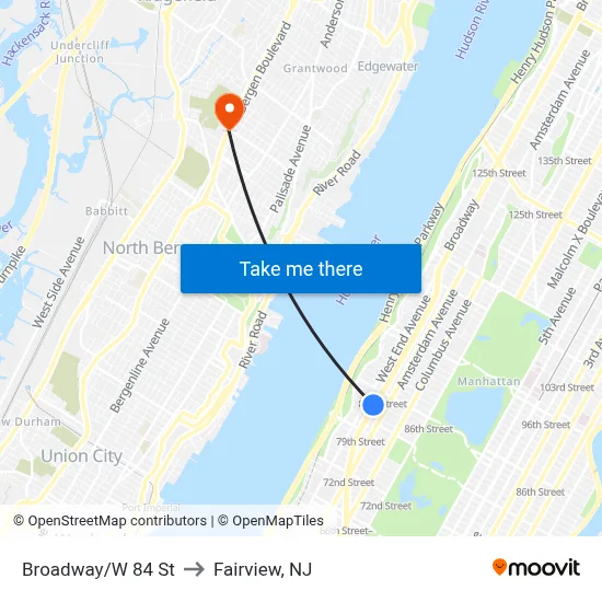 Broadway/W 84 St to Fairview, NJ map