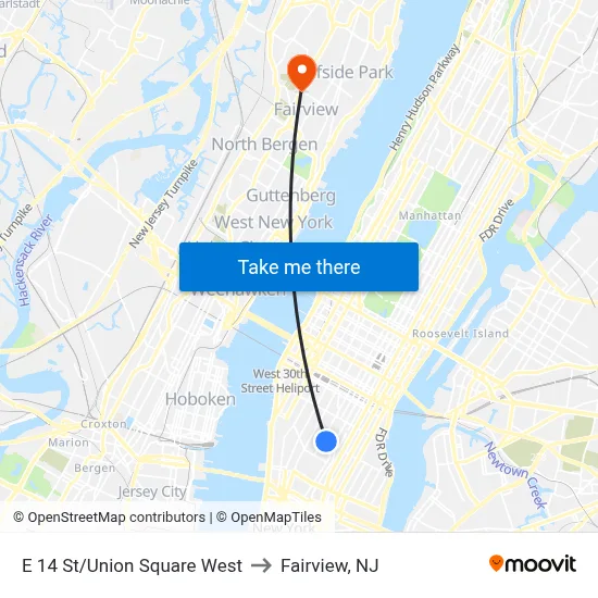 E 14 St/Union Square West to Fairview, NJ map