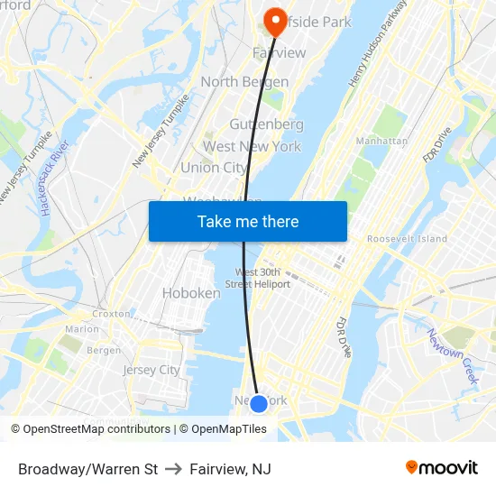 Broadway/Warren St to Fairview, NJ map