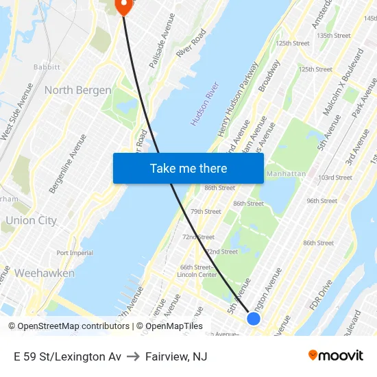 E 59 St/Lexington Av to Fairview, NJ map