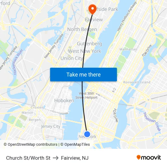 Church St/Worth St to Fairview, NJ map