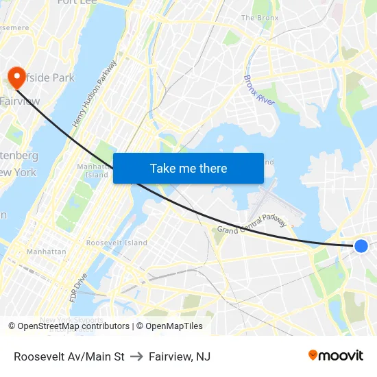 Roosevelt Av/Main St to Fairview, NJ map