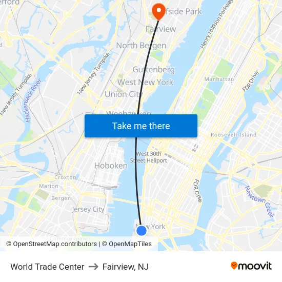 World Trade Center to Fairview, NJ map