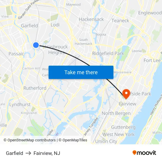 Garfield to Fairview, NJ map