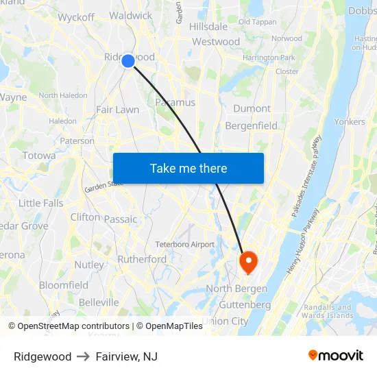 Ridgewood to Fairview, NJ map