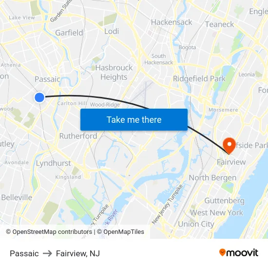 Passaic to Fairview, NJ map
