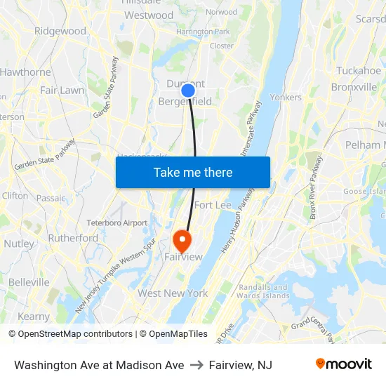 Washington Ave at Madison Ave to Fairview, NJ map