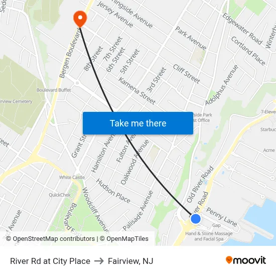 River Rd at City Place to Fairview, NJ map