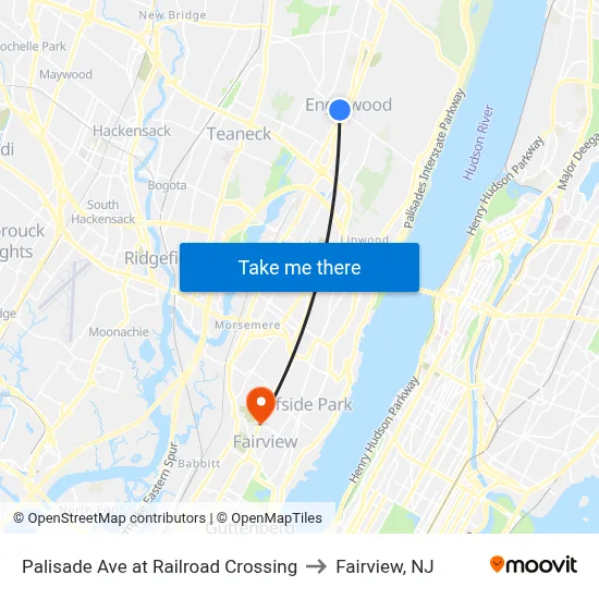 Palisade Ave at Railroad Crossing to Fairview, NJ map