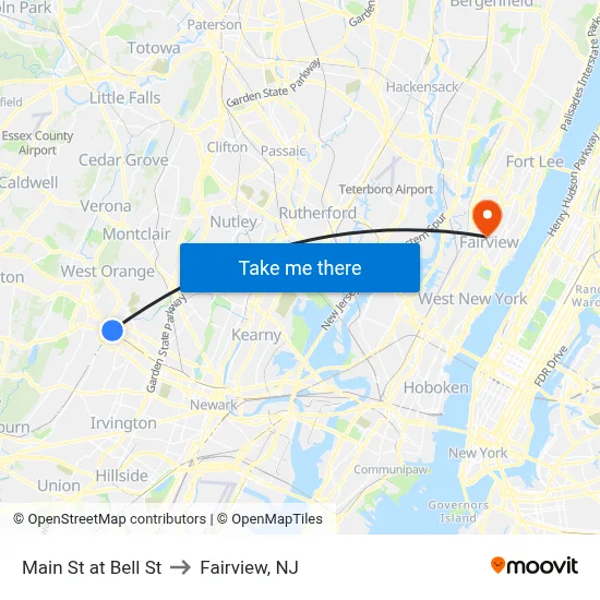 Main St at Bell St to Fairview, NJ map