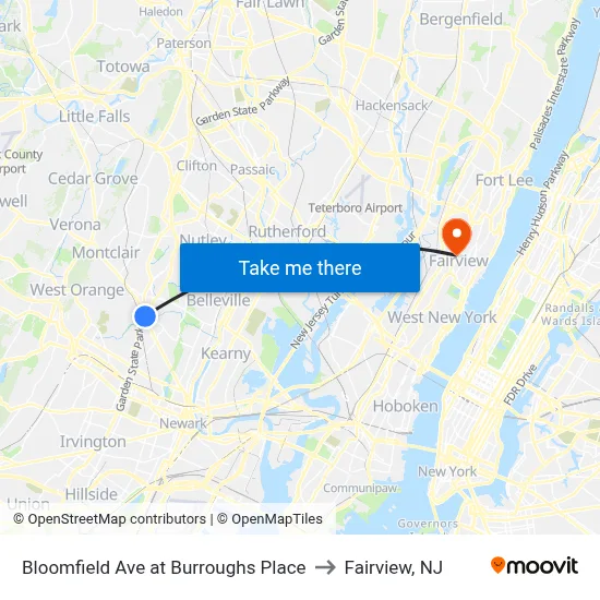 Bloomfield Ave at Burroughs Place to Fairview, NJ map