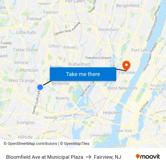 Bloomfield Ave at Municipal Plaza to Fairview, NJ map