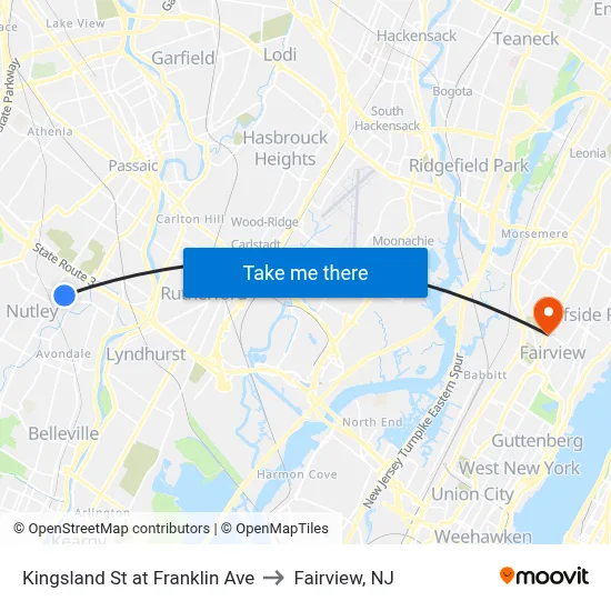 Kingsland St at Franklin Ave to Fairview, NJ map