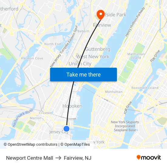 Newport Centre Mall to Fairview, NJ map