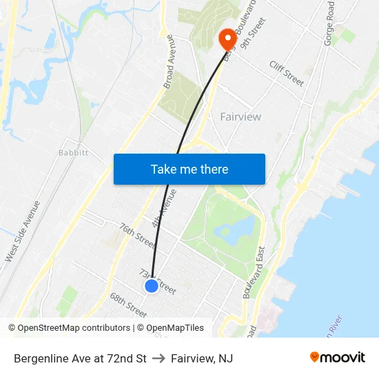 Bergenline Ave at 72nd St to Fairview, NJ map