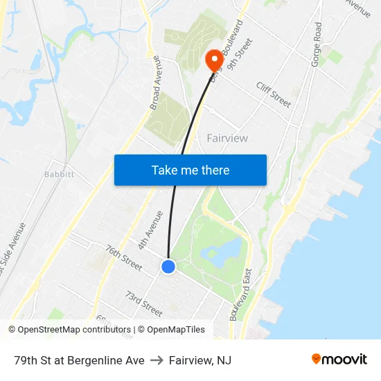 79th St at Bergenline Ave to Fairview, NJ map